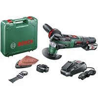 Bosch 18V cordless multi-tool with green case, sanding pad, charger, and 2.5Ah battery.