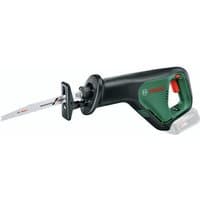 Green Bosch cordless reciprocating saw with black handle and exposed blade, part of Power for All Alliance.