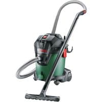 Green Bosch AdvancedVac 20L vacuum cleaner with black top, red accents, and flexible hose on wheels.