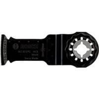 Black Bosch AIZ 32 EPC Starlock plunge cut wood blade with toothed edge and circular mounting hole.