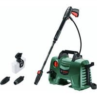 Green Bosch EasyAquatak 120 pressure washer with black hose, red trigger, and two nozzles, includes detergent bottle.