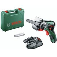 Bosch cordless saw with green handle, compact blade, charger, and green carrying case.