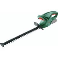 Green Bosch EasyHedgeCut 18-45 hedgecutter with long black blade and ergonomic handle.