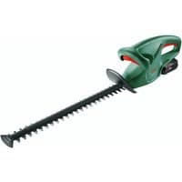 Green Bosch cordless hedgecutter with black blade, ergonomic handle, 2Ah battery, and charger.