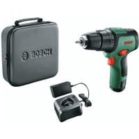 Bosch green and black cordless combi drill with red accents, 1.5Ah battery, charger, and black carrying case.