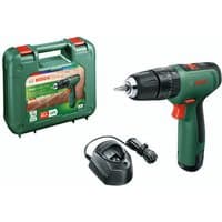 Green Bosch cordless combi drill with black grip, 1.5Ah battery, charger, and green carrying case.