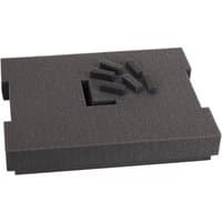 Black Bosch foam insert for L-BOXX 136, rectangular with removable foam blocks for customizable tool storage.