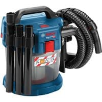 Blue Bosch cordless vacuum with black hose, attachments, and transparent dust container.