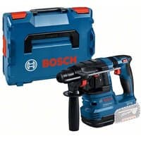 Blue Bosch SDS+ hammer drill with black handle, red accents, and LBOXX 136 carrying case.