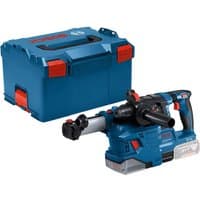 Bosch blue cordless hammer drill with SDS+ chuck, dust extractor, and blue LBOXX case with red latches.