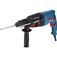 Blue and black Bosch rotary hammer with red accents, SDS-plus chuck, side handle, and quick change feature.