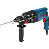 Blue and black Bosch rotary hammer with red accents, side handle, and SDS-plus chuck.