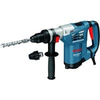 Blue Bosch rotary hammer with SDS-Plus, black handle, red accents, and silver drill bit attached.
