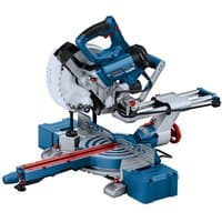Bosch GCM 305-216 D mitre saw, blue and silver, with sliding rail, 216mm blade, ergonomic handle, and red adjustment knobs.
