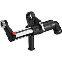 Black Bosch dust extraction adapter with cylindrical body, adjustable clamp, and ergonomic handle.