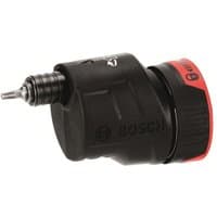 Black Bosch GEA FC2 FlexiClick Offset Adapter with red ring and metallic drill bit attachment.