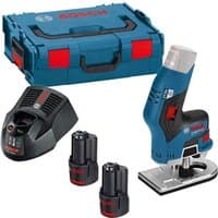 Bosch blue palm router with ergonomic grip, two 3Ah batteries, charger, and blue L-Boxx carrying case.