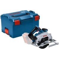 Bosch cordless circular saw with blue handle, silver blade guard, and blue L-BOXX storage case.