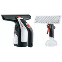 Black and white Bosch GlassVAC window vacuum with red accents and detachable cleaning head with microfiber pad.