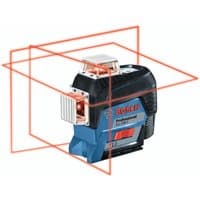Black and blue Bosch GLL 3-80 C line laser with red laser beams projecting in multiple directions.