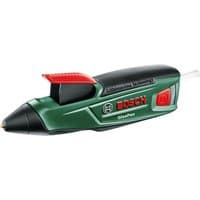 Green and black Bosch GluePen cordless glue gun with red trigger and lithium-ion battery indicator.