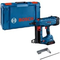 Bosch blue and black cordless concrete nail gun with ergonomic grip, XL-BOXX case, and metal accessories.