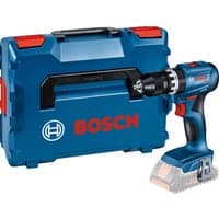 Blue Bosch cordless impact drill with black grip, silver chuck, and blue L-BOXX storage case.