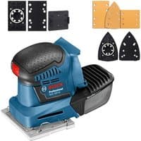 Blue Bosch cordless orbital sander with black grip, red accent, and interchangeable sanding pads.