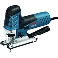Blue Bosch GST 150 CE jigsaw with black handle, adjustable baseplate, and visible power cord.
