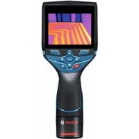 Bosch GTC 400 C thermo detector with black handle, color display, and blue control buttons.