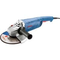 Blue Bosch GWS 2200 angle grinder with 230mm disc, side handle, and red switch.