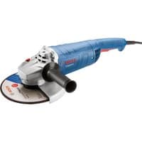 Blue Bosch angle grinder with black side handle, 230mm disc, and red accents, 2200W power.
