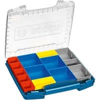 Blue Bosch i-BOXX 53 organizer set with clear lid, featuring 12 colorful compartments in red, blue, yellow, and gray.