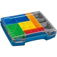 Blue Bosch i-BOXX 72 organiser set with clear lid, colorful compartments, and sturdy handle.