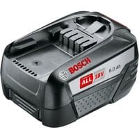 Black Bosch PBA 18V 6.0Ah battery with red logo, silver label, and textured grip, compatible with Power for All tools.