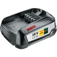 Black Bosch 18V 2.5Ah lithium-ion battery with red Bosch logo and power indicator label on the side.
