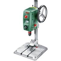 Green Bosch PBD40 bench drill with variable speed, digital display, and sturdy metal base.
