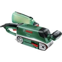 Green Bosch PBS75A 710W belt sander with dust box, black handle, and red accents.