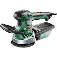 Green Bosch PEX 400 AE sander with black handle, red accents, and dust collection box.