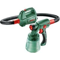 Green Bosch PFS2000 paint spray system with red accents, flexible hose, and ergonomic handle.