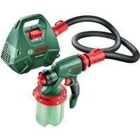 Green Bosch PFS3000-2 paint spray system with red accents, flexible hose, and ergonomic handle.