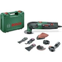 Green Bosch PMF 220 CE multi tool with attachments, red accents, and a green carrying case.
