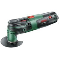 Green and black Bosch PMF 250 CES multi tool with red accents and a circular blade attachment.