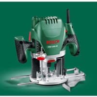 Green Bosch POF1200AE router with black handles, red accents, and clear base, designed for precision woodworking.