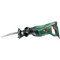 Green Bosch PSA700E Sabre Saw with black handle, red trigger, and exposed serrated blade.