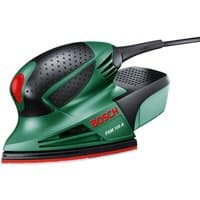 Green Bosch PSM100A 100W multi sander with black grip, red switch, and dust collection box.