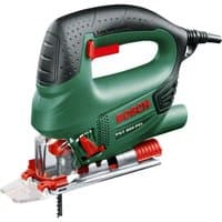 Green Bosch PST800PEL jigsaw with black handle, red accents, clear blade guard, and corded power supply.