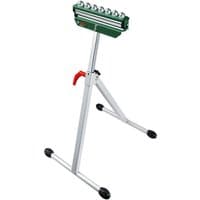 Green Bosch PTA1000 roller support stand with silver legs, red adjustment lever, and black rubber feet.