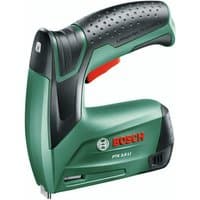 Green and black Bosch PTK 3.6 LI cordless tacker with ergonomic handle and red trigger button.