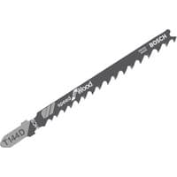 Bosch T144D jigsaw blade for wood, 100mm length, silver with black text, pack of 5, sharp teeth design.